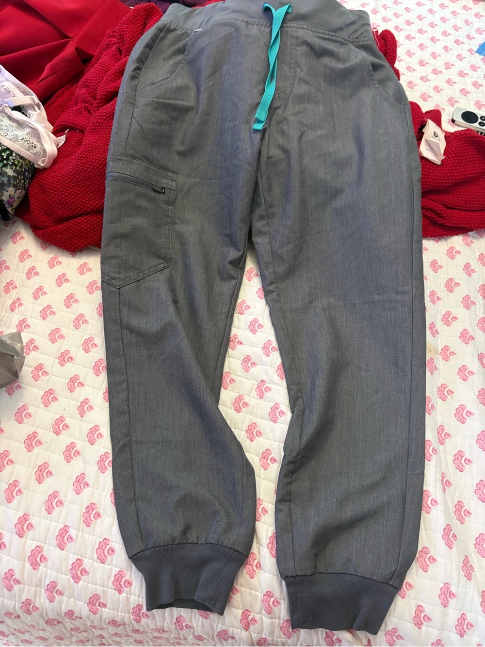 Figs Gray Jogger Pants with Teal Drawstring. Size Small.